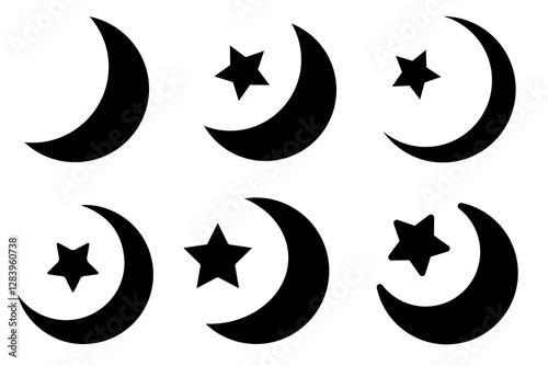 Star and crescent moon flat thin line icon collection.