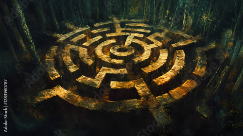 Warped wooden maze: a large, twisting wooden maze with unnatural growths and warped pathways, eerie whispers emanating from within its depths. Ancient Forgotten Labyrinth. Illustration
