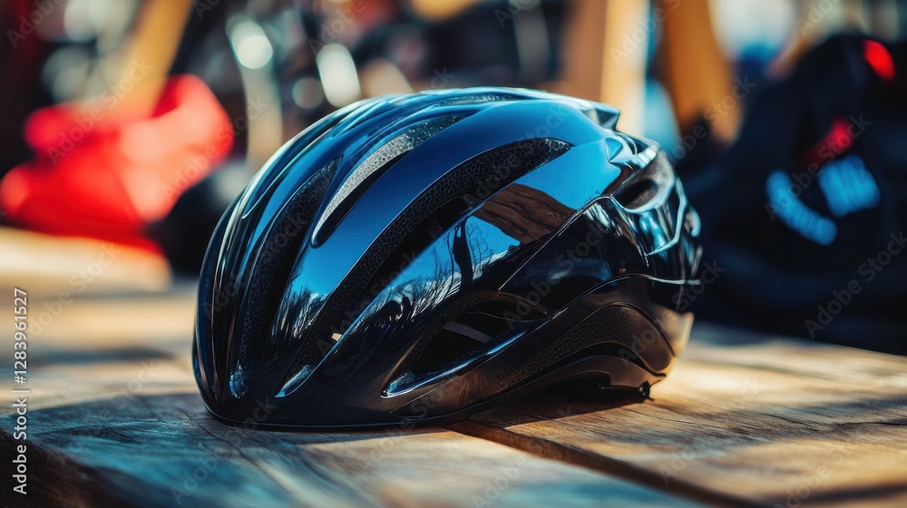Fototapeta premium Aerodynamic racing helmet in a glossy finish, lying on a rustic wooden table with blurred cycling gear nearby.
