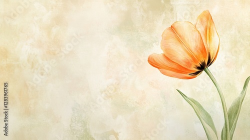 Vintage romantic orange tulip on aged paper, ideal for scrapbooking or junk journaling, enhanced by soft lighting and delicate details.
