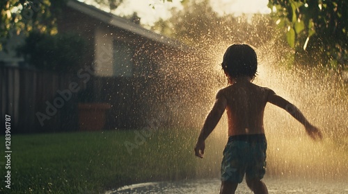 Child's Summer Joy: Playing with Water Sprinkler in Golden Light