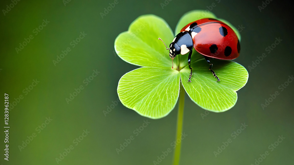 Obraz premium A ladybug perched on a four-leaf clover, representing good luck and a connection to family, making it an ideal image for St. Patrick's Day celebration and good fortune.