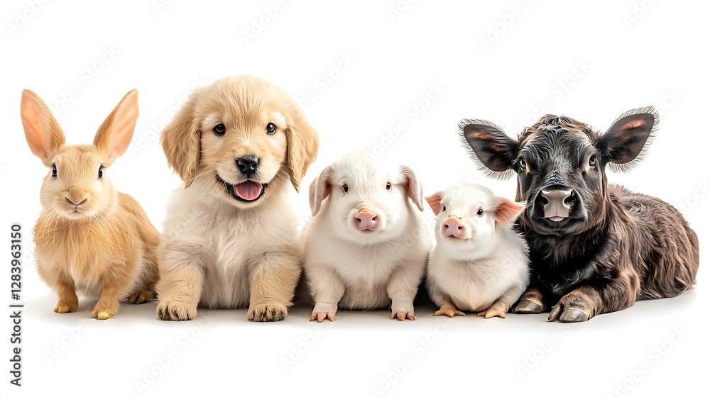 Obraz premium Adorable animals posing together on a white background including a rabbit, puppy, piglets, and a calf
