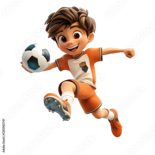 A Determined 3D Cartoon Soccer Player Kicking a Ball Isolated on Transparent Background