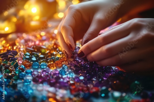 hands arranging colorful gemstones for necklace, vibrant background and warm lighting enhancing dynamic crafting scene