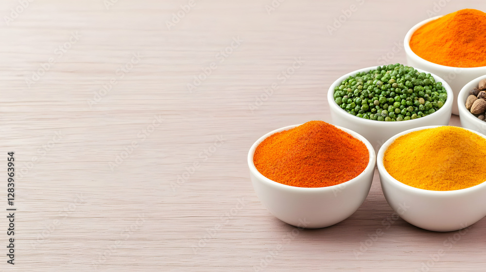 Colorful spices in bowls on wood, cooking background Colorful spices in bowls on wood, cooking background