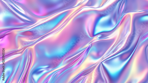 A holographic texture with iridescent reflections, metallic sheens, prismatic light dispersion, and abstract fluid gradients