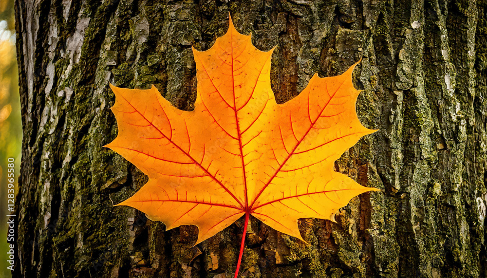 Examining the texture of a yellow maple leaf on a tree trunk in autumn nature photography close-up perspective for visual impact Examining the texture of a yellow maple leaf on a tree trunk in autumn nature photography close-up perspective for visual impact