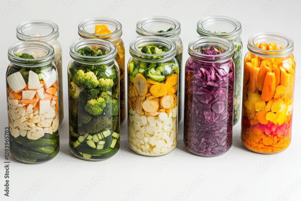 Jars of pickled vegetables, featuring a variety of colorful preserved vegetables in glass jars with lids, isolated on white background Jars of pickled vegetables, featuring a variety of colorful preserved vegetables in glass jars with lids, isolated on white background