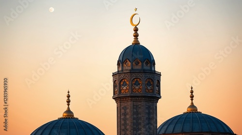 Beautiful mosque silhouette against a warm evening sky, capturing the essence of Islamic faith. Ideal for holy days like Ramadan and Eid