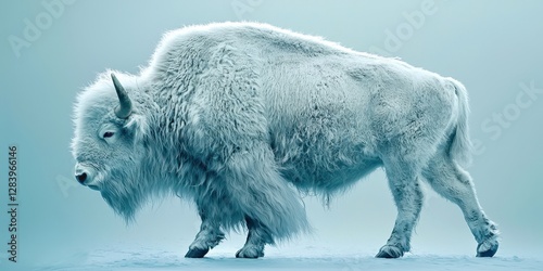 White buffalo is walking on a snowy surface