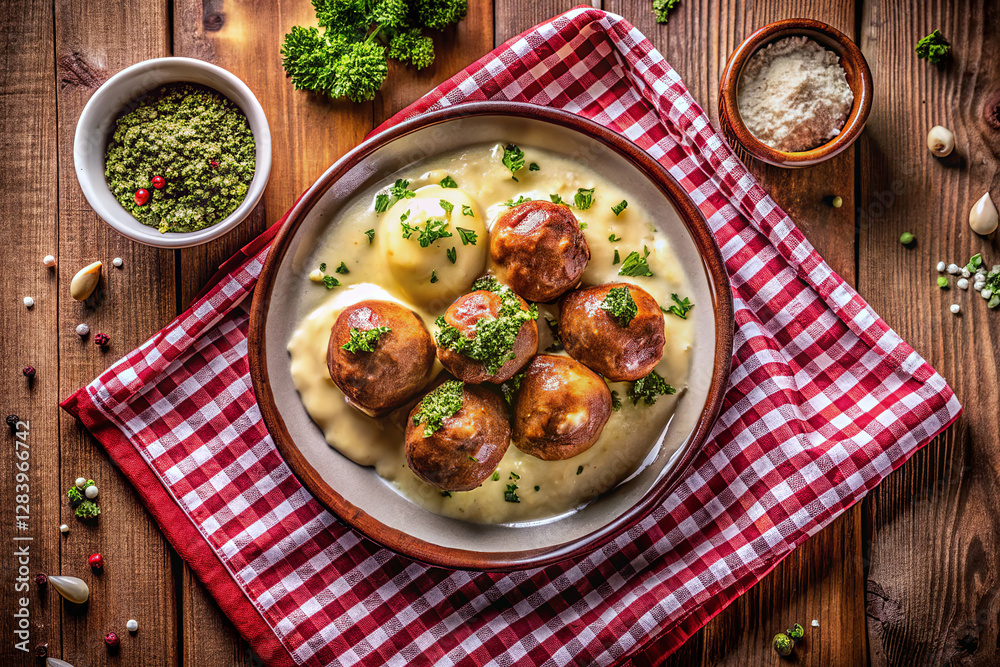 Close-up of appetizing meat meatballs served in cream sauce with green peas on a rustic plate. The dish is garnished with fresh parsley. Perfect photo for restaurant advertising, blog and cooking show Close-up of appetizing meat meatballs served in cream sauce with green peas on a rustic plate. The dish is garnished with fresh parsley. Perfect photo for restaurant advertising, blog and cooking show
