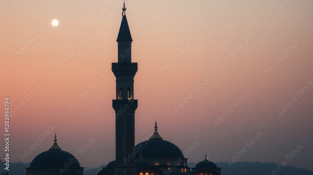 Fototapeta premium Silhouette of a majestic mosque at sunset, symbolizing peace and spirituality. Perfect for Ramadan, Eid, and other Islamic celebrations