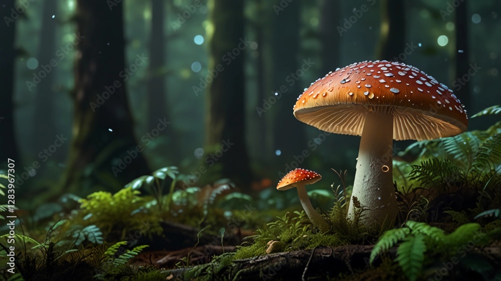 Fototapeta premium Mushroom Wallpaper ,Fantasy Wallpaper, Mushroom Light, Fantasy Mushroom, Jungle, Forest Mushroom, Jungle Background, fantasy.