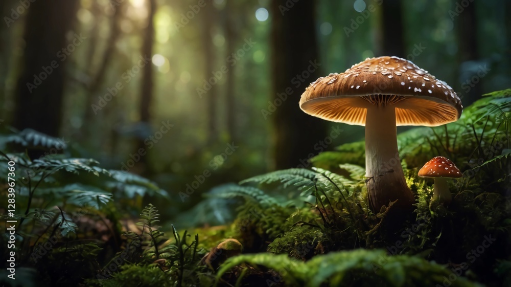 Fototapeta premium Mushroom Wallpaper ,Fantasy Wallpaper, Mushroom Light, Fantasy Mushroom, Jungle, Forest Mushroom, Jungle Background, fantasy.