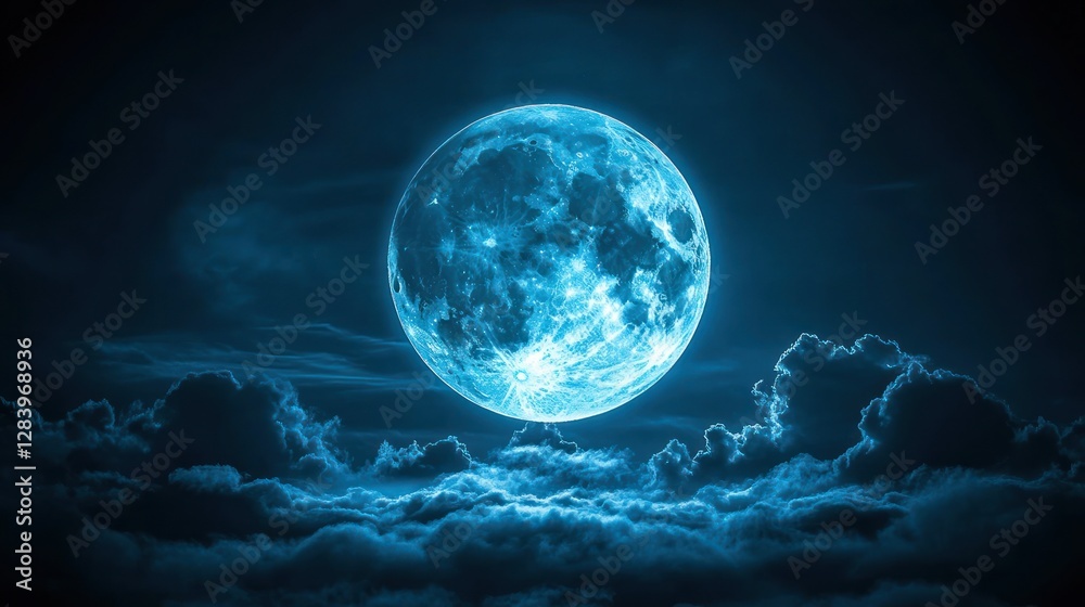Fototapeta premium Majestic Blue Moon behind Dark Clouds at Night