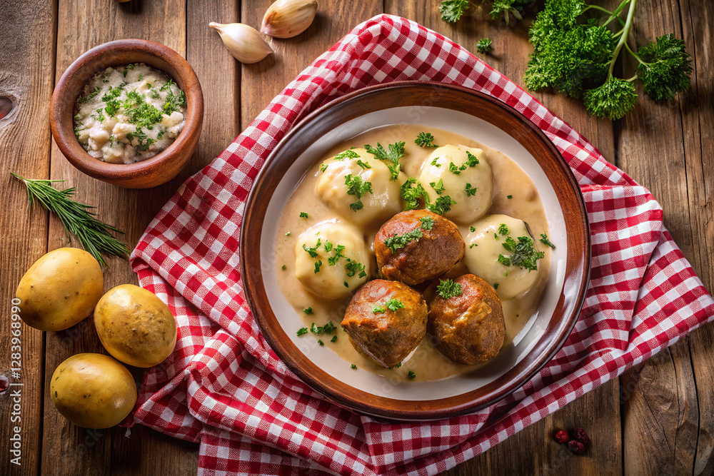 Close-up of appetizing meat meatballs served in cream sauce with green peas on a rustic plate. The dish is garnished with fresh parsley. Perfect photo for restaurant advertising, blog and cooking show Close-up of appetizing meat meatballs served in cream sauce with green peas on a rustic plate. The dish is garnished with fresh parsley. Perfect photo for restaurant advertising, blog and cooking show