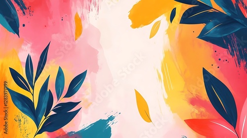 Abstract artwork featuring colorful brush strokes and leafy green branches