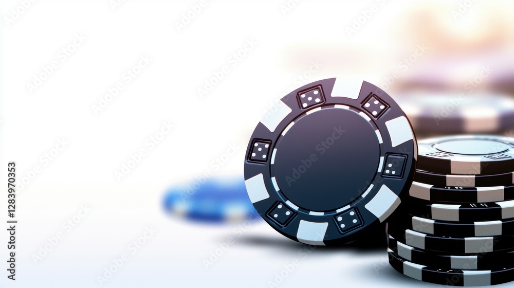 Close-up view of poker chips stacked on a table, symbolizing excitement and competition in gaming. Perfect for illustrating gambling, card games, and casino nightlife themes. Close-up view of poker chips stacked on a table, symbolizing excitement and competition in gaming. Perfect for illustrating gambling, card games, and casino nightlife themes.