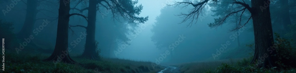 Dark mist rises from a mystical forest at dusk, fog, eerie Dark mist rises from a mystical forest at dusk, fog, eerie