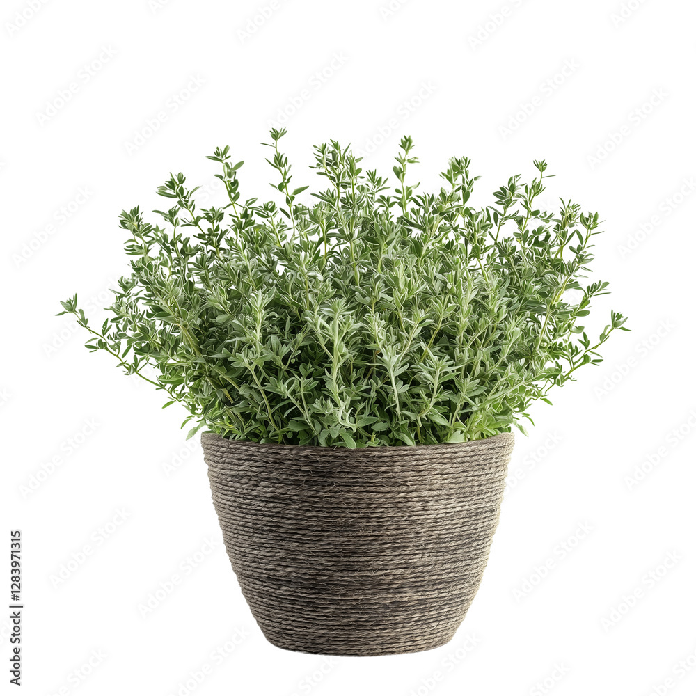 Lush green herb in a textured woven pot, ideal for home decor or culinary themes. isolated on white background and transparent background Lush green herb in a textured woven pot, ideal for home decor or culinary themes. isolated on white background and transparent background