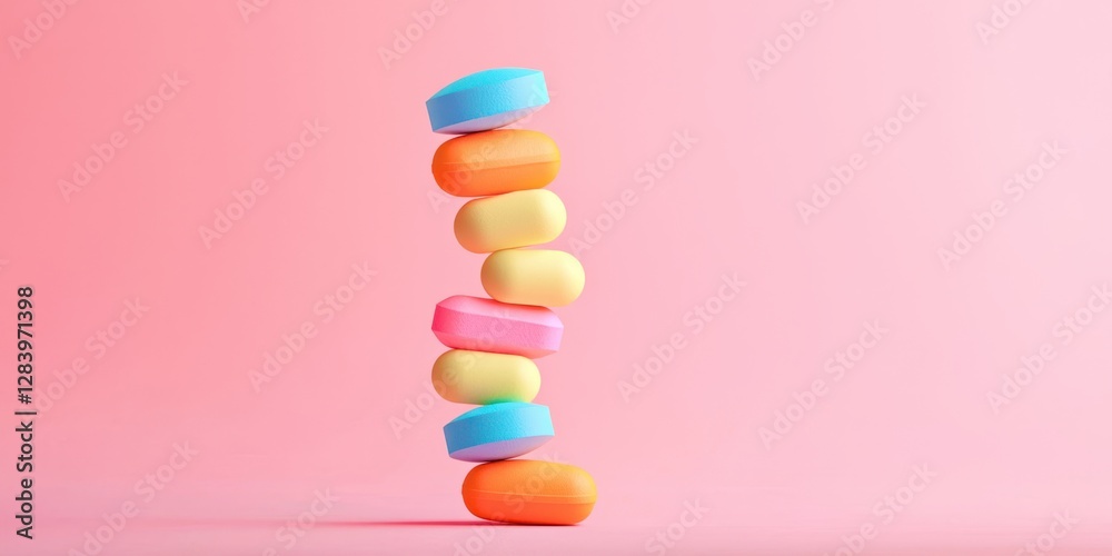 Stack of multicolored pills on a pink background Stack of multicolored pills on a pink background