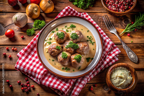 Wallpaper Mural Close-up of appetizing meat meatballs served in cream sauce with green peas on a rustic plate. The dish is garnished with fresh parsley. Perfect photo for restaurant advertising, blog and cooking show Torontodigital.ca