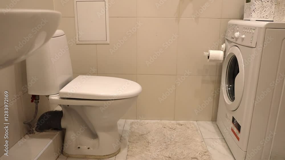 Man cleaning dirty toilet bowl in bathroom with brush