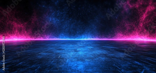 Futuristic sci-fi floor with glowing blue and pink neon lights and smoke