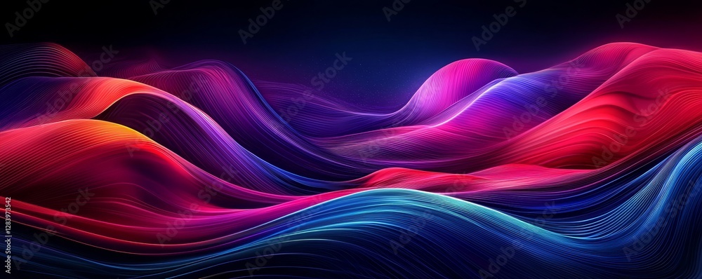 Stunning abstract representation of 3D waves in blue, purple, and pink hues.