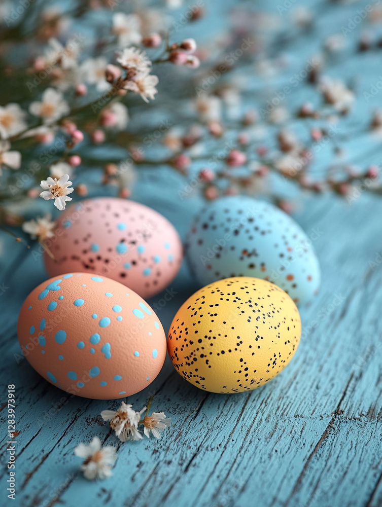 Obraz premium Colorful hand-painted Easter eggs on wooden table