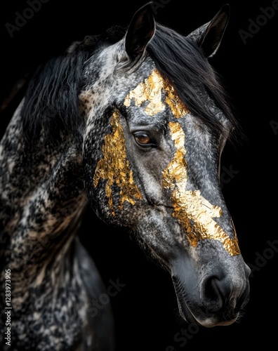 Isolated golden white stallion against a black backdrop.