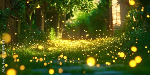 Field of grass with many yellow fireflies photo