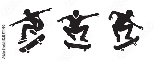 Skateboard boy jumping vector black silhouette lineart logo icon, sports isolated on white background