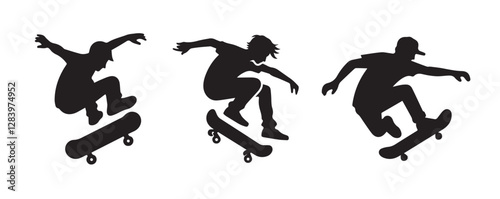 Skateboard boy jumping vector black silhouette lineart logo icon, sports isolated on white background