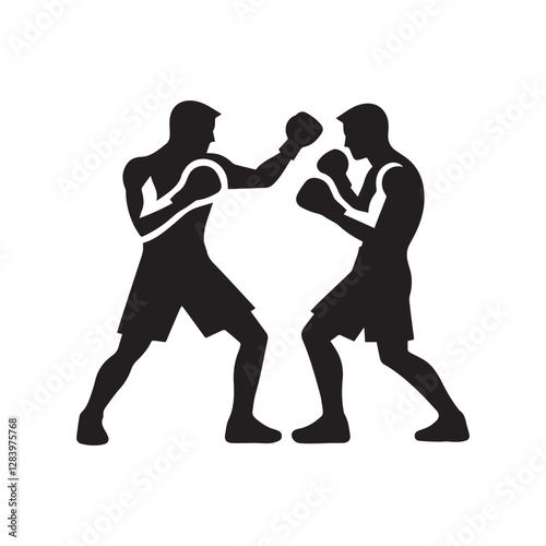 Two boxing athlete masculine man silhouette isolated on transparent white background