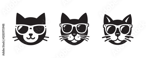 Cat wearing sunglass vector black silhouette lineart logo icon, cute kitten animal isolated on white background