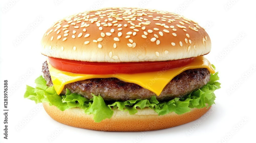A gourmet cheeseburger with lettuce, tomato, and cheese, artfully presented on a white background to showcase its appetizing layers. A gourmet cheeseburger with lettuce, tomato, and cheese, artfully presented on a white background to showcase its appetizing layers.