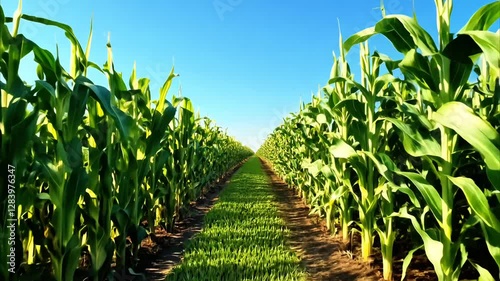 Lush green cornfield landscape under sunny blue sky, showcasing rows of healthy corn plants in natures vibrant agriculture.