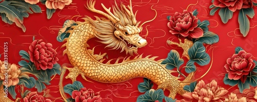Wallpaper Mural Golden dragon among peonies: vibrant red background with ornamental motifs Torontodigital.ca