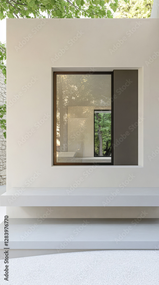 Modern architectural design featuring a minimalist window with nature backdrop Modern architectural design featuring a minimalist window with nature backdrop