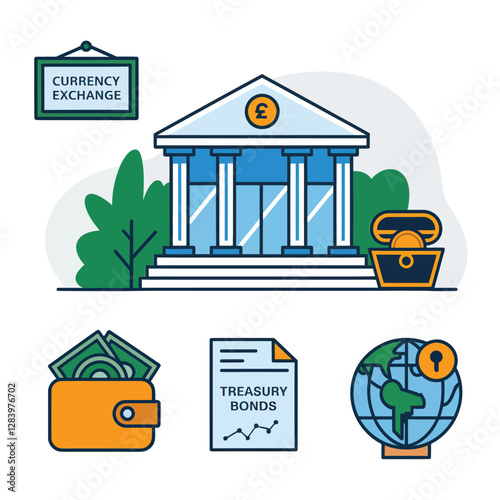 vector colorful economy trading graph cash money linked with curved dash line over the world bank 
