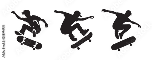 Skateboard boy jumping vector black silhouette lineart logo icon, sports isolated on white background