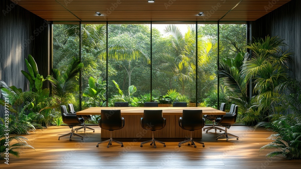 Fototapeta premium Modern conference room with jungle view, natural light, meeting
