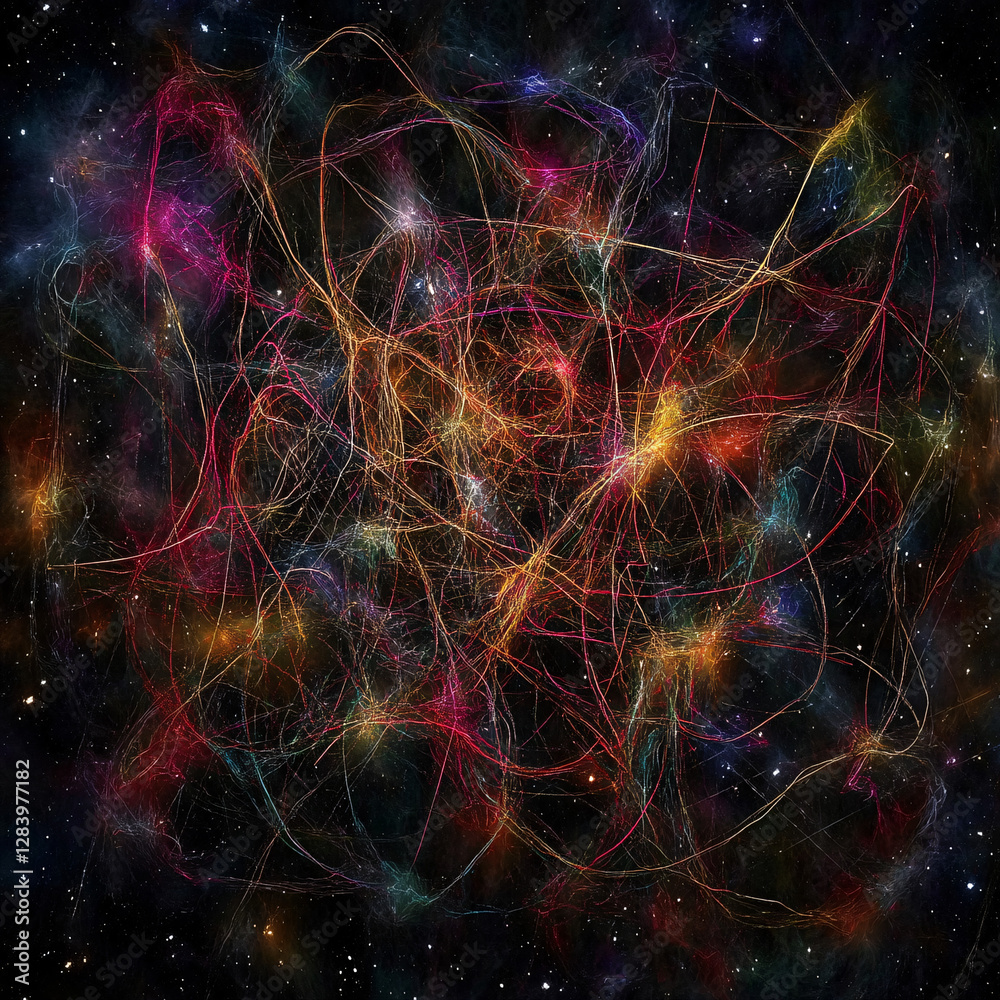 Obraz premium Vibrant cosmic network of glowing energy threads connecting in a deep space setting with an abstract and futuristic theme