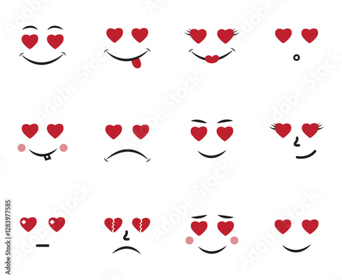 Vector set of funny faces with heartshaped eys isolated on white background.