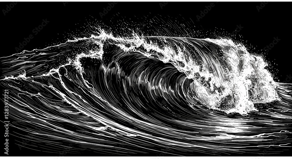 Obraz premium Dramatic Ocean Wave with Swirling Foam, Showcasing the Power and Beauty of the Sea, Black and White Sketch Engraving, Scratch Board Imitation, Raster Illustration
