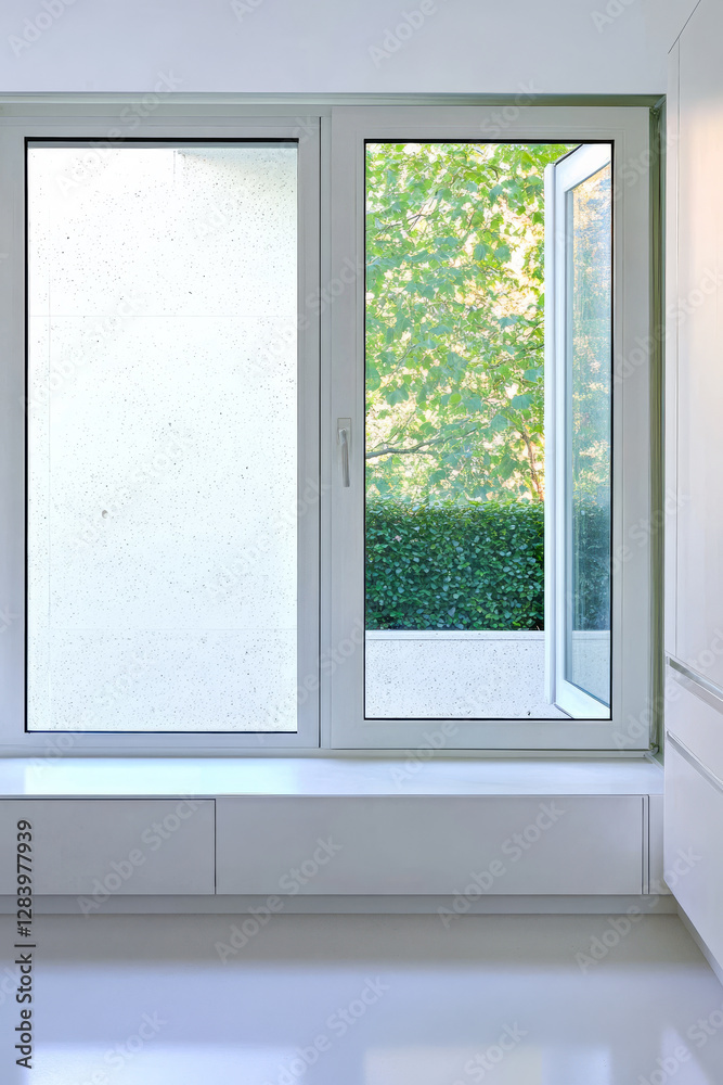 Modern window design with lush greenery visible from a bright interior space Modern window design with lush greenery visible from a bright interior space