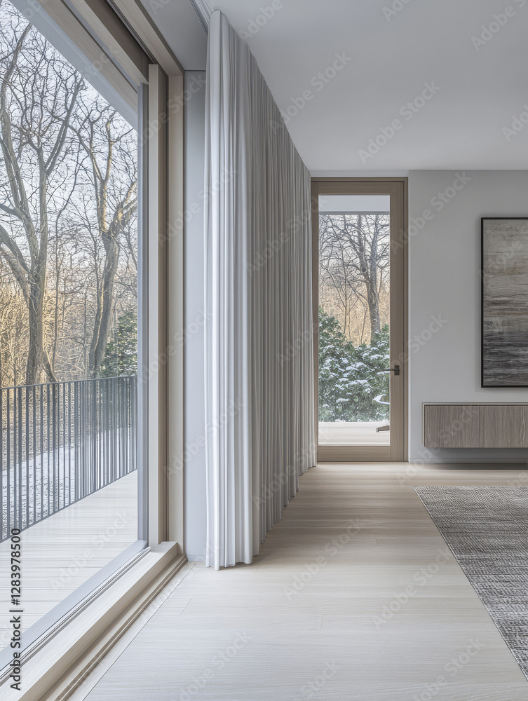 Serene winter indoors with large windows overlooking a snowy landscape Serene winter indoors with large windows overlooking a snowy landscape