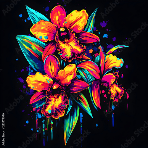 Fiery Neon Orchids with Electric Colors and Graffiti Paint Splashes on a Dark Background